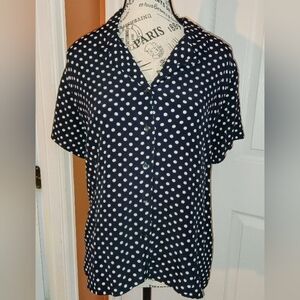 Liz Claiborne Black and White Short Sleeved Button Down Polka Dot Blouse